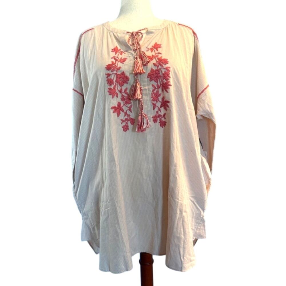 NWT ST. Roche Pullover Dress Top Cotton Linen Oversized Floral Crewel Tassel S